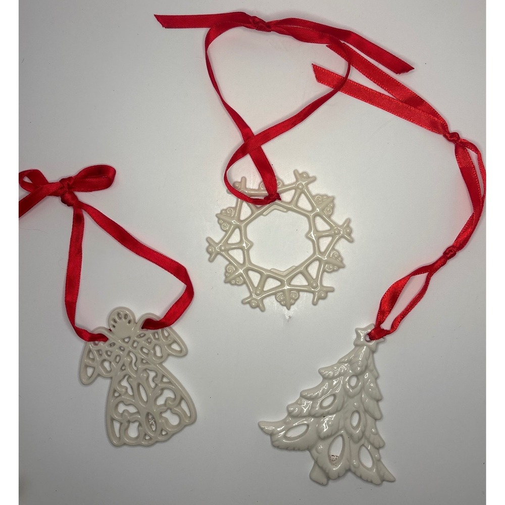 Vintage Lenox Ivory Porcelain Ornament Set Angel Tree Snowflake Red Ribbon 3pc